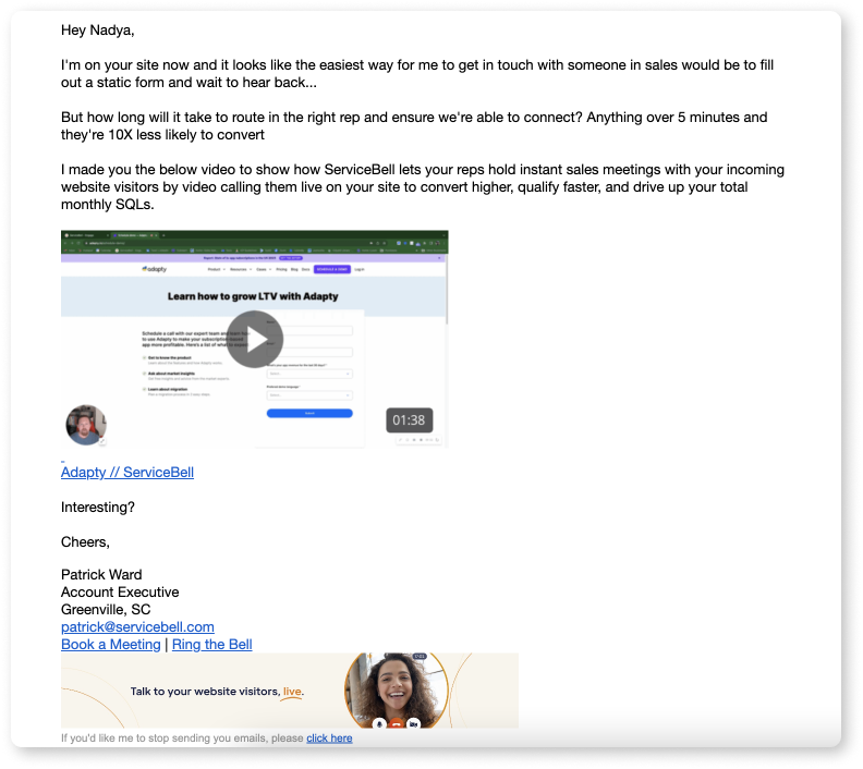 Скриншот продающего письма, в котором менеджер компании приложил скринкаст сайта клиента, чтобы добавить персонализации