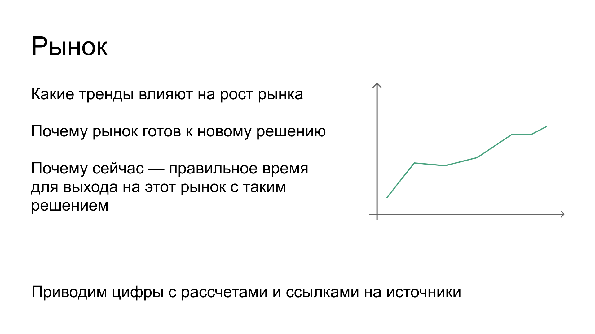 Шаблон слайда для описания рынка. На слайде опорные вопросы: какие тренды влияют на рост, почему сейчас — самое время выходить на этот рынок. Показывают цифры и графики со ссылками на источники